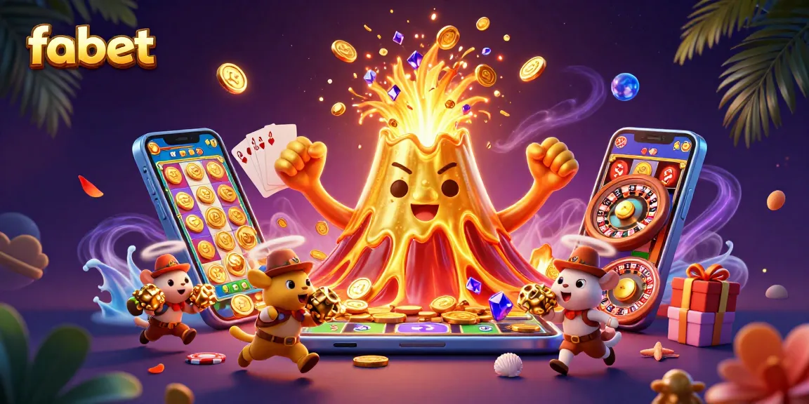 Experience the excitement of fabet with a vibrant 3D scene of a golden volcano bursting with treasures and gaming elements.