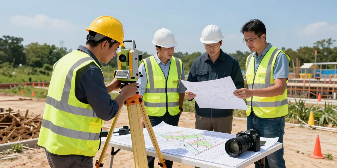 Land surveyors Surrey using advanced surveying equipment to accurately measure and map construction site.