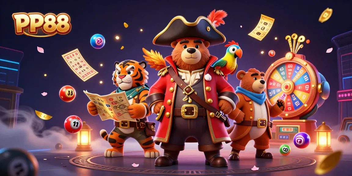 Engage with PP88's vibrant online gaming experience featuring dynamic lottery elements and characters.