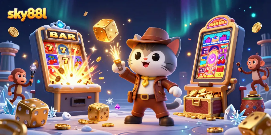 Experience thrilling jackpots at sky88l while the explorer finds golden artifacts surrounded by vibrant casino elements.