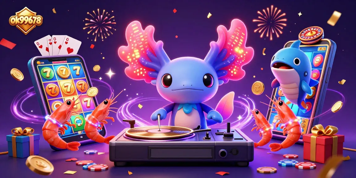 Spin the reels at ok99678 with a vibrant neon casino scene featuring lively characters.