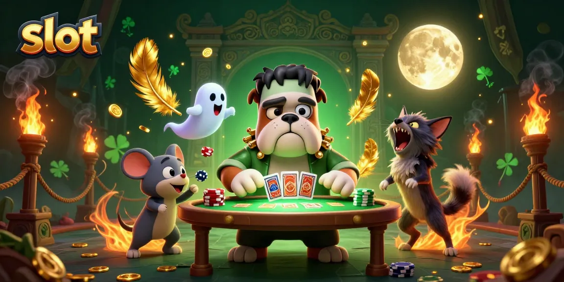 Spin and win at slot games with a 3D Frankenstein bulldog dealer and ghost mouse amid chaotic casino excitement.
