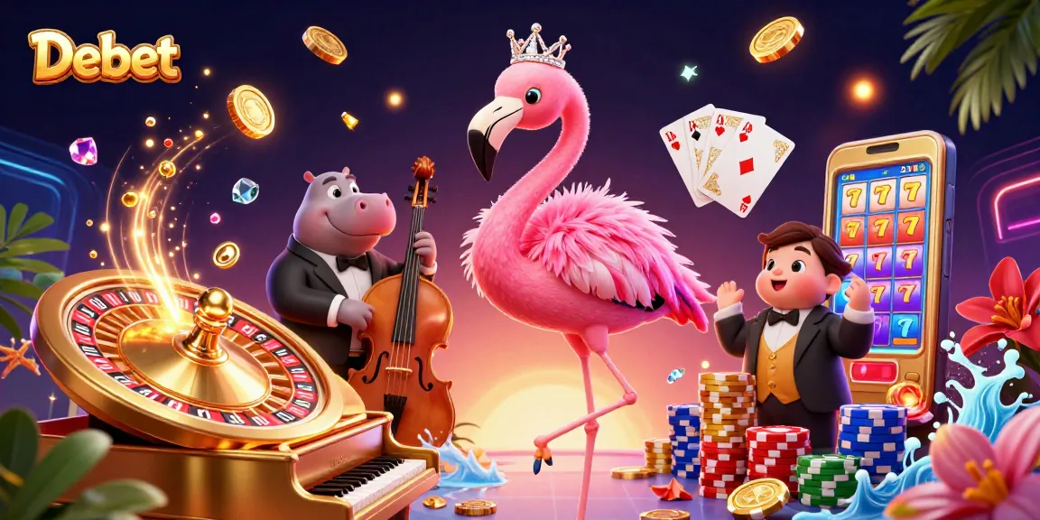 Celebrate Debet gaming with a vibrant casino scene featuring a flamingo singer and a hippo bassist.