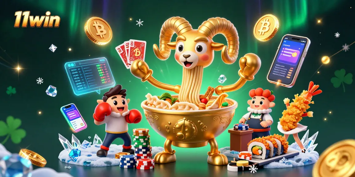 Engage in thrilling games with 11win's dazzling 3D casino scene showcasing vibrant characters and crypto elements.