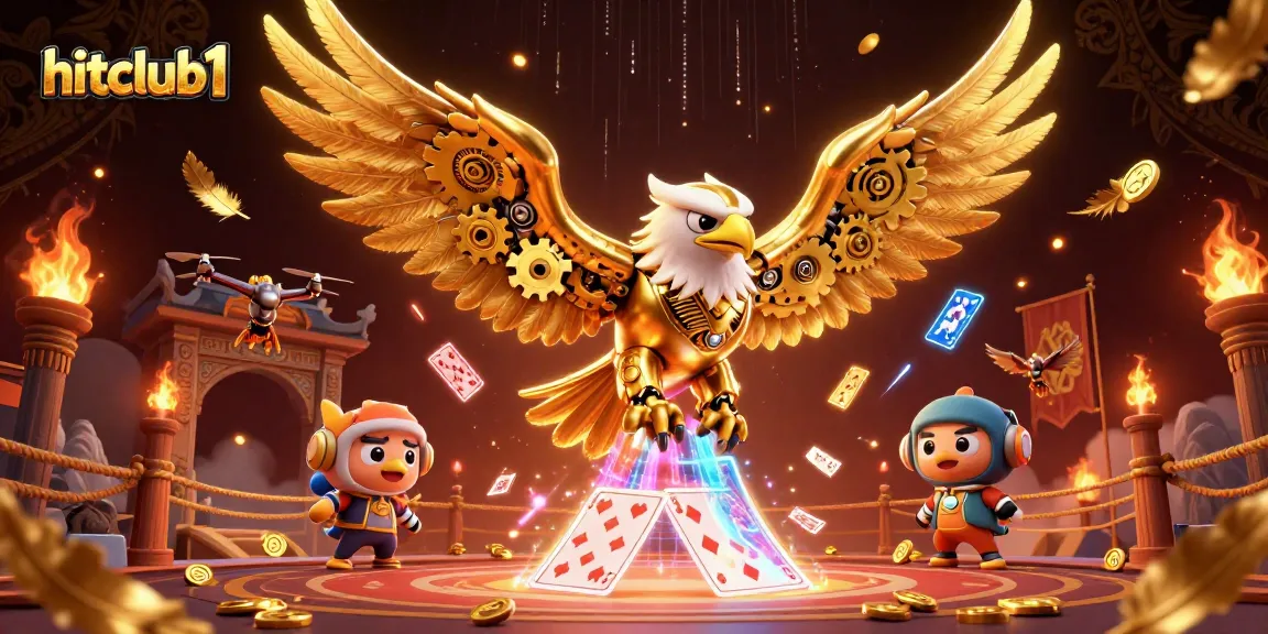 Experience high-stakes gaming adventures with hitclub1, featuring a dynamic illustration of cybernetic eagles amidst casino excitement.