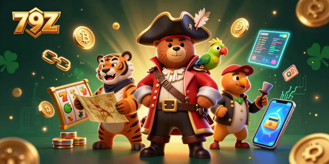 Engage with the dynamic world of 79Z showcasing a pirate captain bear and tiger, enriched with slot reels and Bitcoin elements.