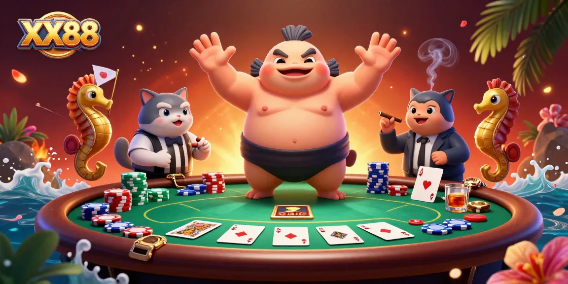Engage with the exciting atmosphere of XX88 as the blowfish sumo wrestles in a vibrant underwater poker arena.