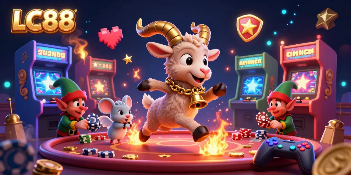 Experience excitement with LC88 in a vibrant casino scene featuring fun characters and gaming elements.