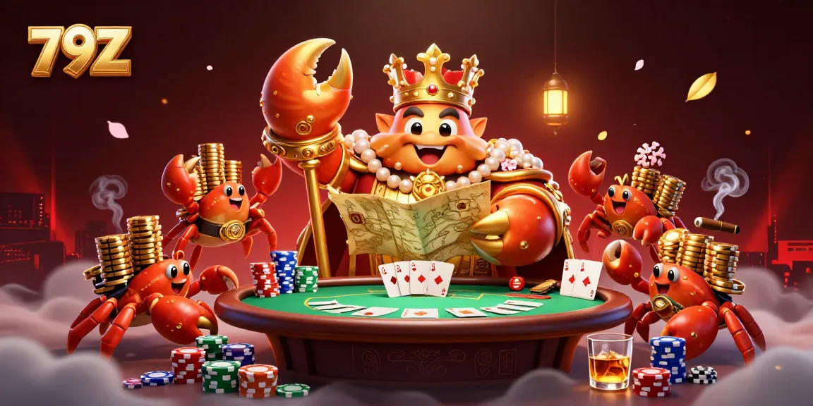 79Z gameplay showcases a golden crab emperor holding treasures, emphasizing poker and luxury gambling.