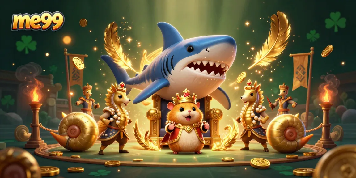 Experience the excitement of me99 with a golden hamster king and vibrant casino elements.
