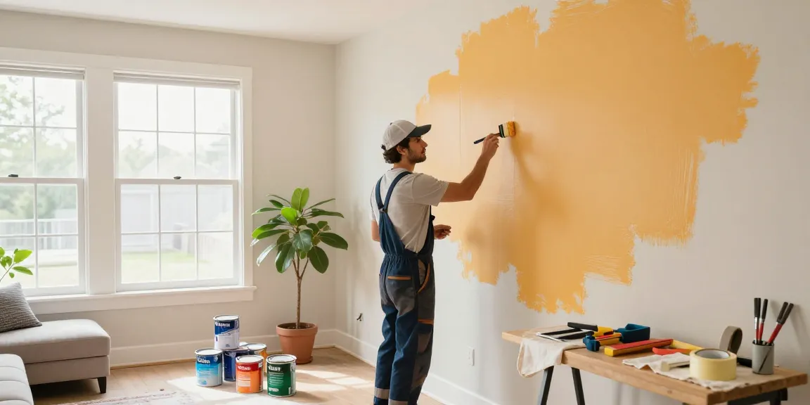 Painter in Lincoln applying vibrant paint in a bright living room, showcasing meticulous craftsmanship.