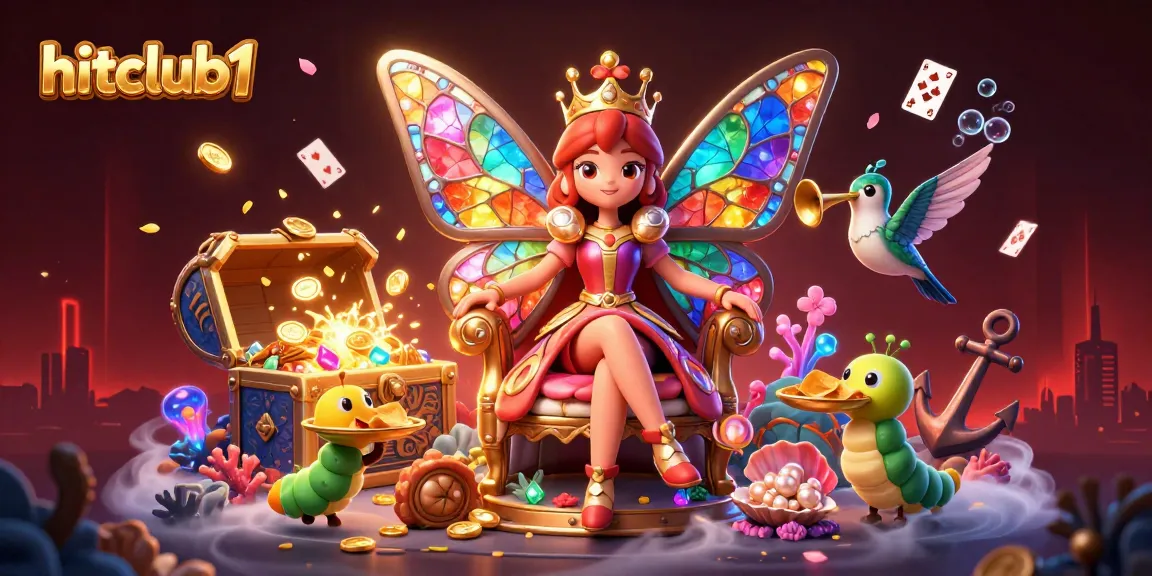Engage with hitclub1's vibrant gaming world, highlighted by a whimsical butterfly queen and golden treasures.