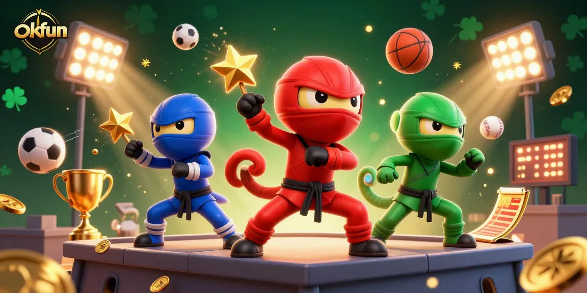 Experience the thrill of betting with okfun, showcasing ninja chameleons amid dynamic sports action.