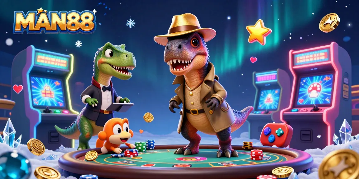 Engage in exhilarating gameplay at MAN88 with a cartoon velociraptor and vibrant casino elements.