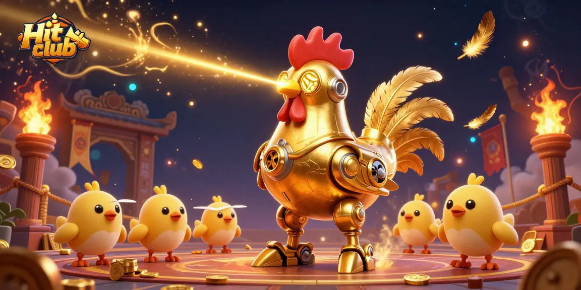 Engage with Hit club's thrilling action featuring a golden rooster robot and baby chick drones in a dynamic casino setting.