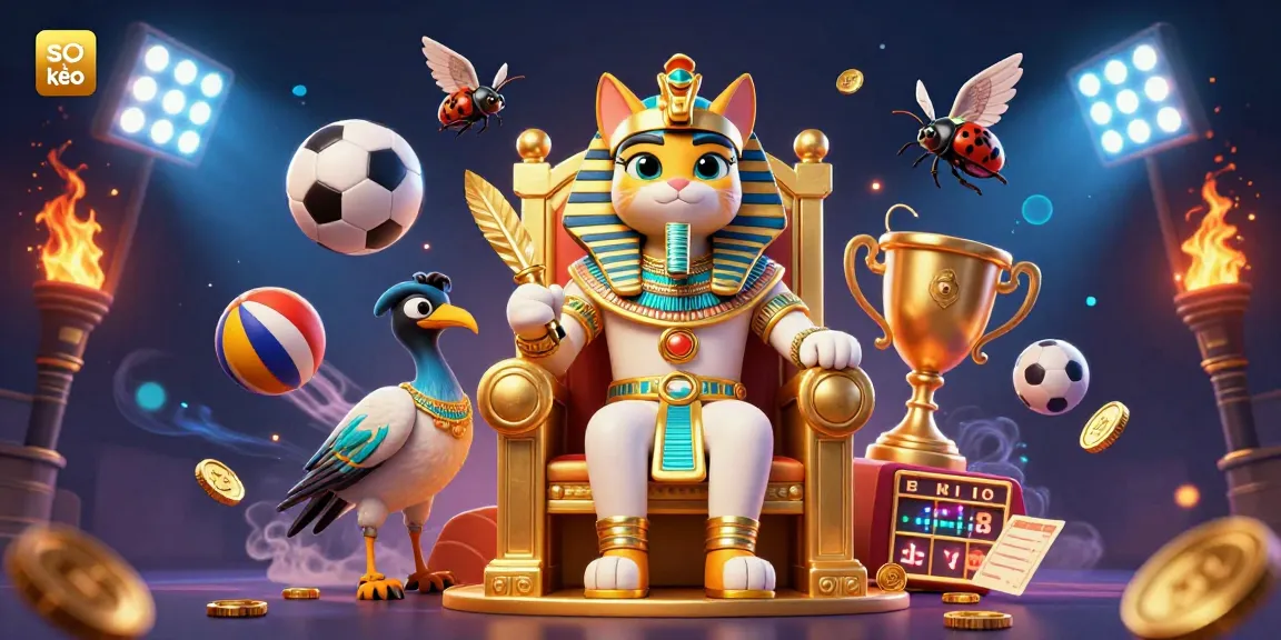 Soi kèo insights from a dynamic scene with Egyptian pharaoh cat and sports elements