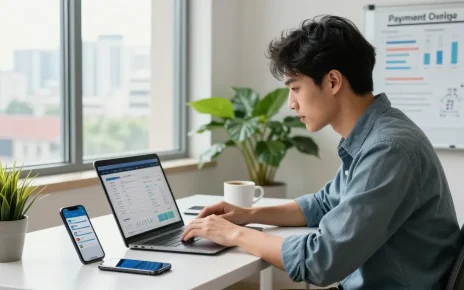 Professional managing an online payment gateway at their e-commerce workspace with real-time notifications and analytics.