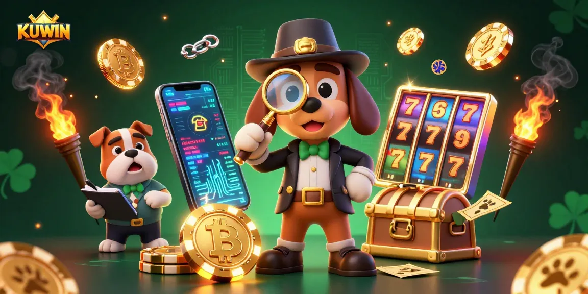 Engage in thrilling slots with KUWIN as a detective explores poker clues amidst vibrant crypto elements.
