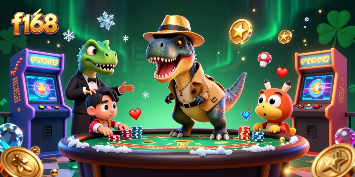 Experience the vibrant world of f168 with a clever velociraptor and a suspicious stegosaurus at a blackjack table.
