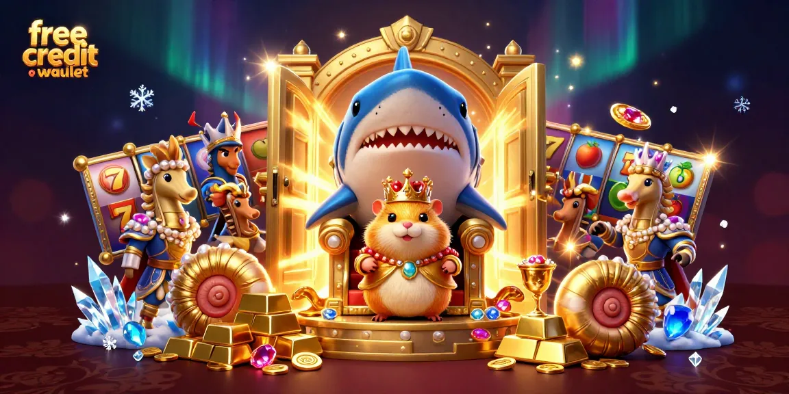 Engage with free credit ewallet benefits through a thrilling slots-themed illustration bursting with treasures.