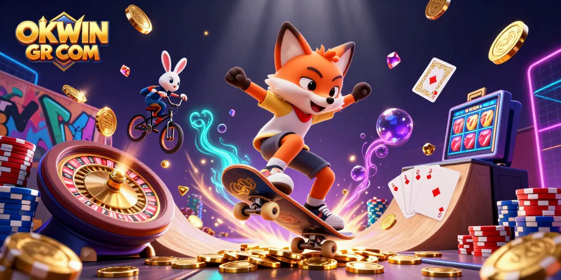 Experience the excitement at OKWIN GR COM with vibrant casino-themed characters and dynamic elements.