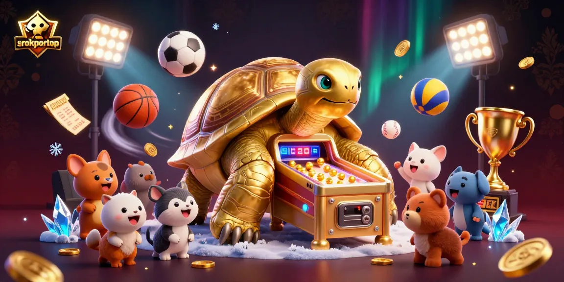srokportop showcases an exciting scene with a colossal tortoise and various sports elements in a vibrant casino setting.