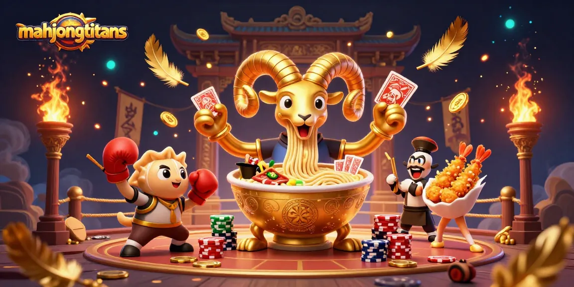 Engage with mahjongtitans as a giant ramen bowl character deals cards surrounded by vibrant casino elements.