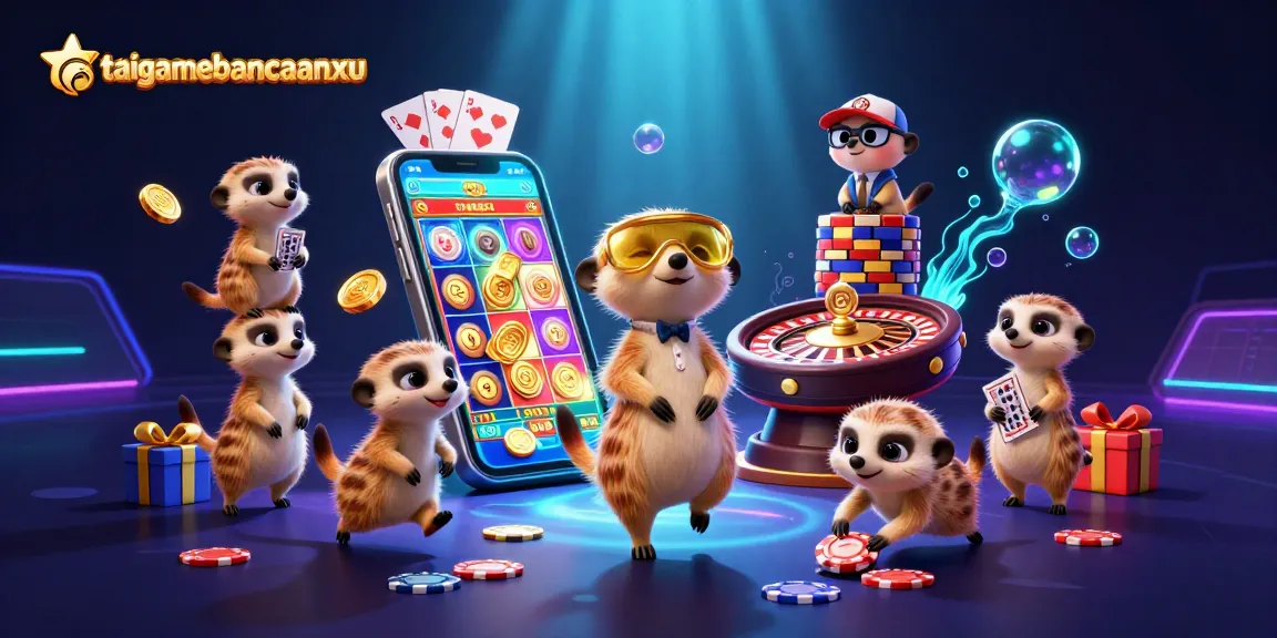 Engage with taigamebancaanxu's lively meerkat casino characters in a vibrant online gaming scene.
