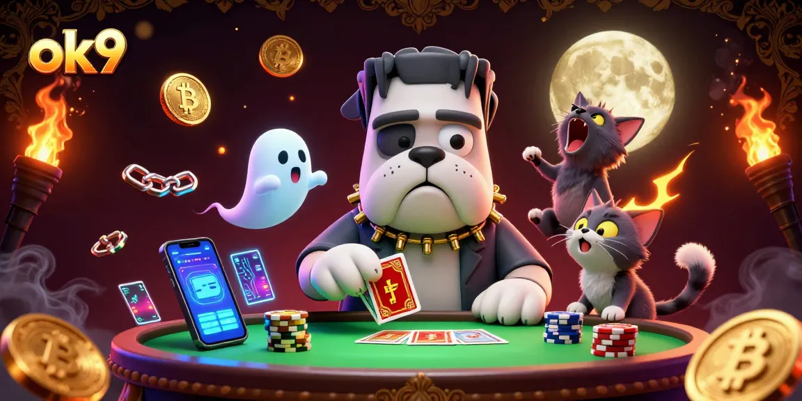 Experience thrilling casino action with ok9 as a bulldog monster deals cards at a spooky table