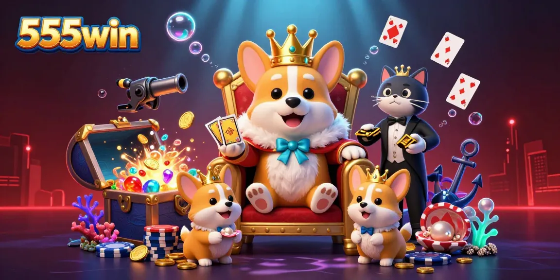 Play with exciting games at 555win, highlighted by a whimsical 3D royal corgi theme scene.