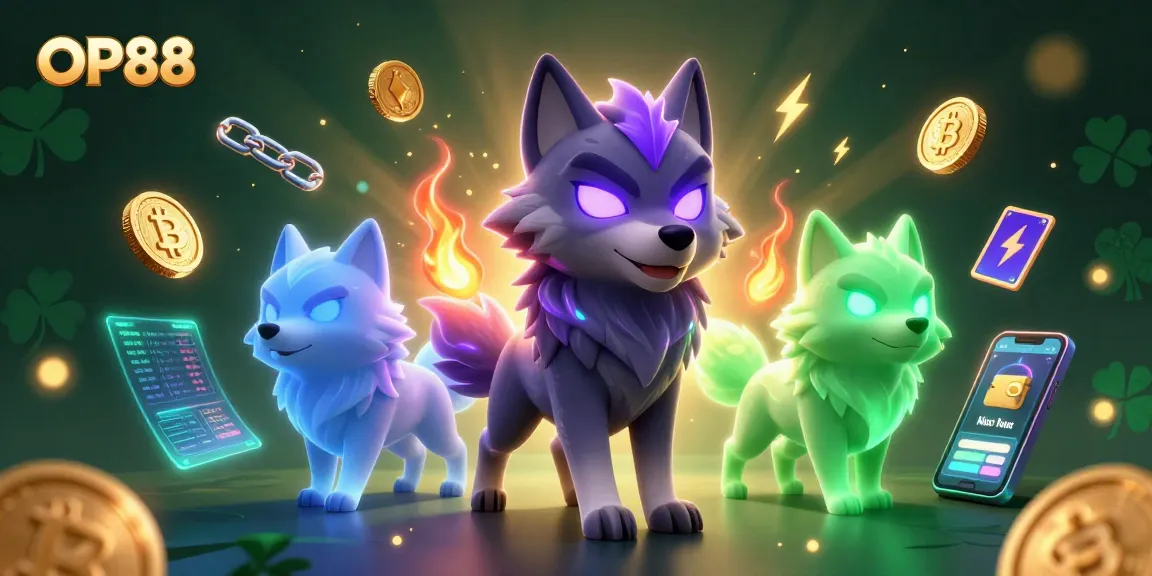 Engage with OP88's thrilling casino experience featuring a ghostly wolf pack leader surrounded by animated cryptocurrencies.