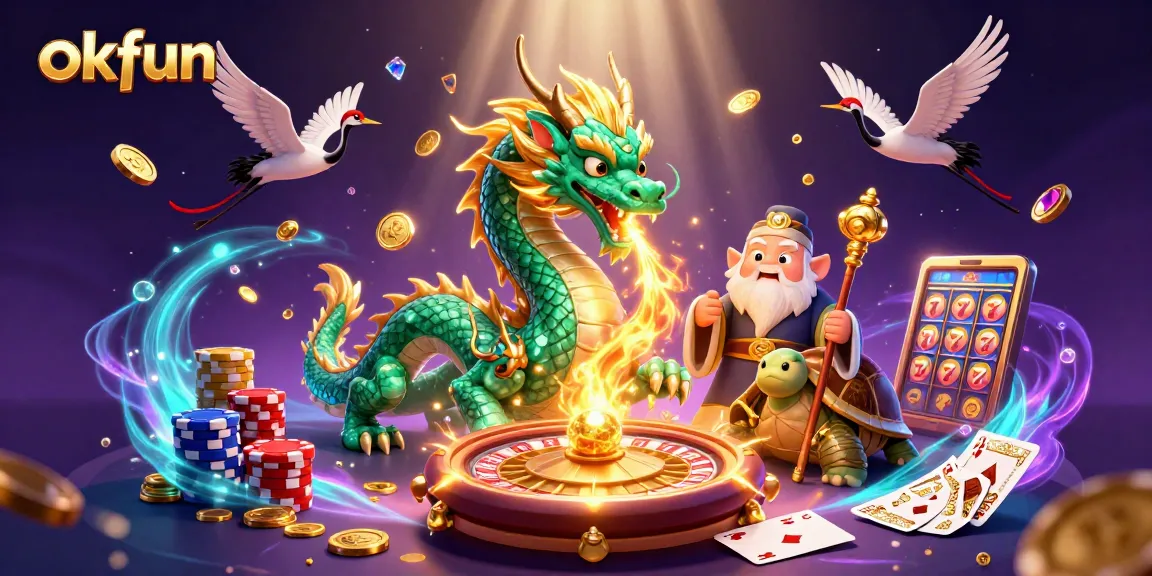 Experience the excitement at okfun, featuring a jade dragon and lucky symbols in a dynamic casino scene.