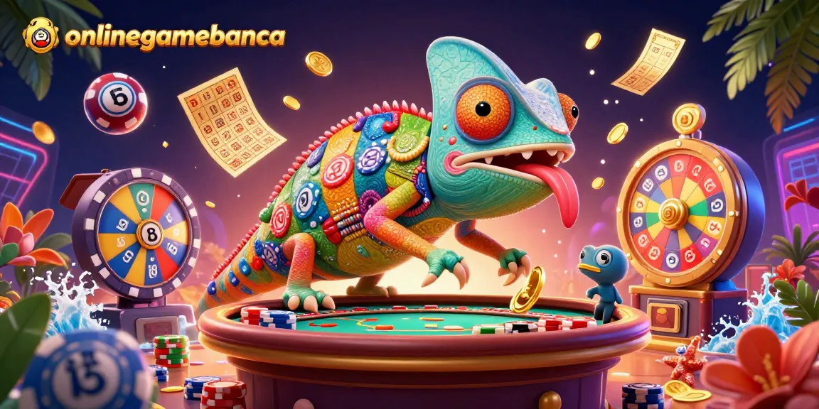 Engage with onlinegamebanca and experience vibrant lottery excitement featuring colorful balls and a dynamic chameleon.