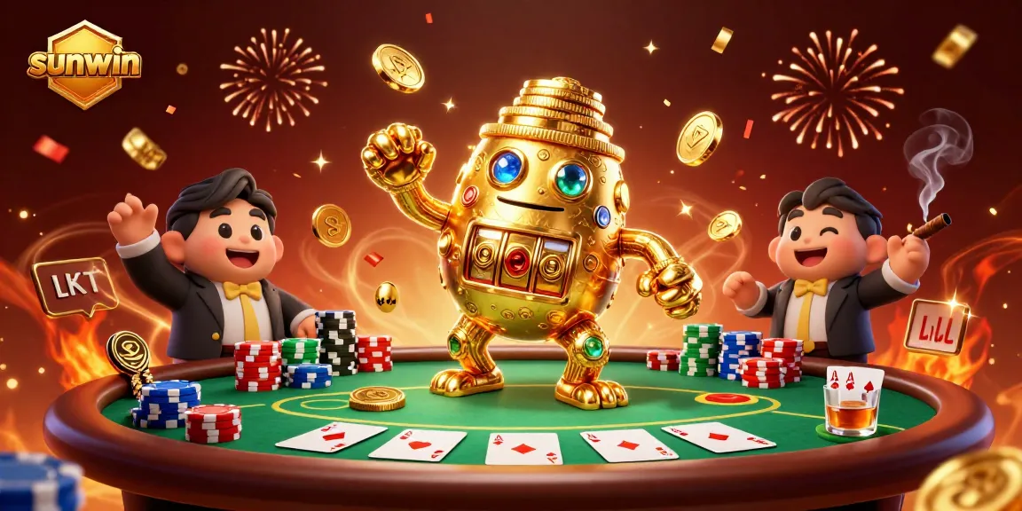 Win big with sunwin in this vibrant casino scene featuring a golden golem and poker elements.