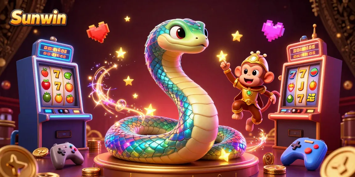 Engage in exciting gaming with Sunwin's vibrant 3D illustration showcasing dynamic slot machines and playful characters.