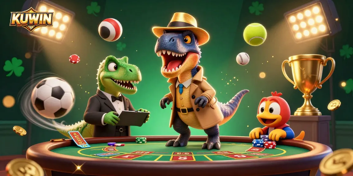 Bet at KUWIN with a frantic velociraptor and lively stegosaurus amid dynamic sports action.