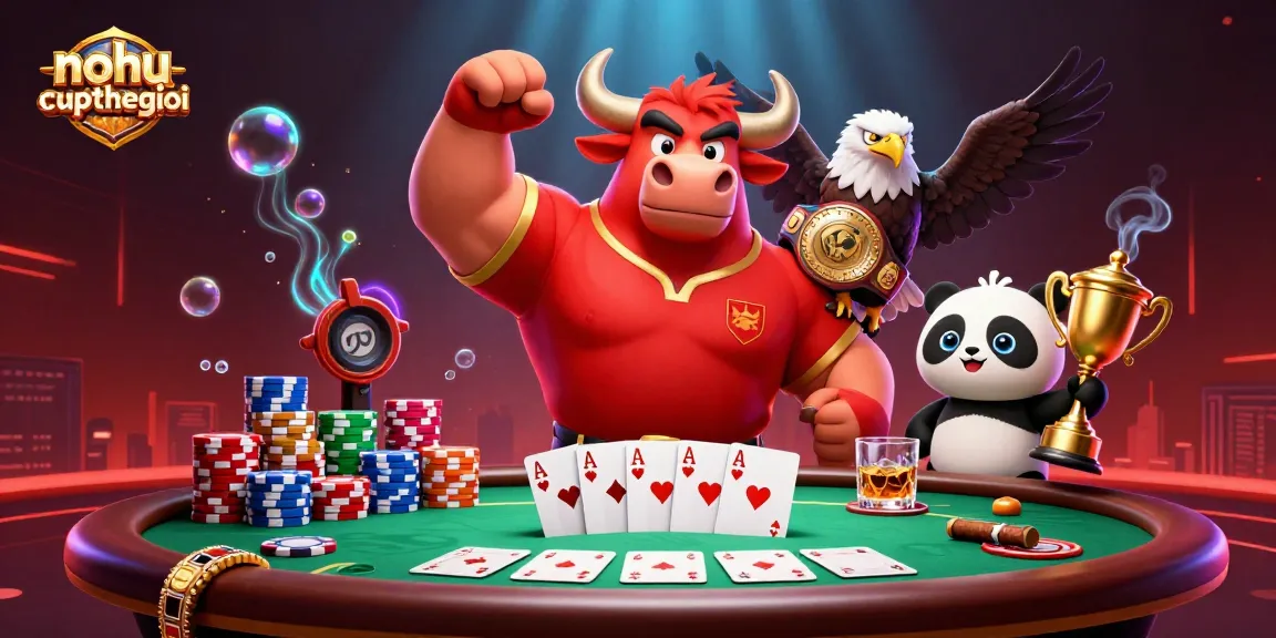 Nohu-cupthegioi showcases a victorious bull mascot with poker elements, creating excitement in gambling