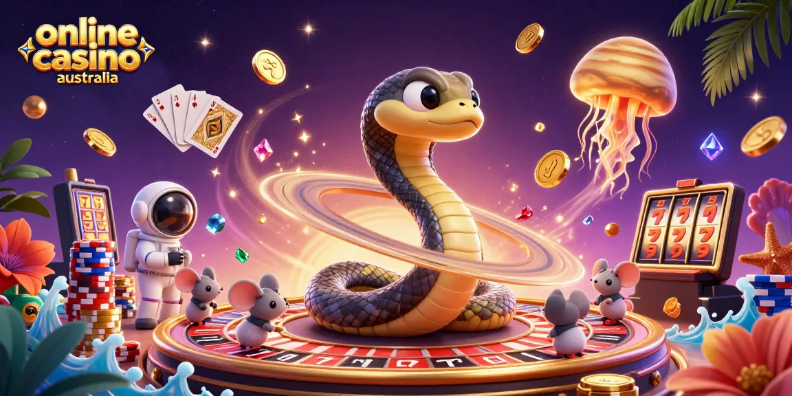 Experience the magic of online casino Australia with vibrant casino-themed characters amidst cosmic action!