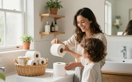 Bamboo Toilet Paper in a vibrant bathroom scene, showcasing eco-friendly family use with natural light and bright colours.