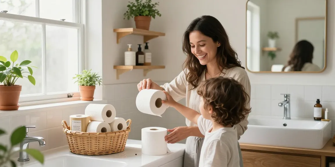 Bamboo Toilet Paper in a vibrant bathroom scene, showcasing eco-friendly family use with natural light and bright colours.