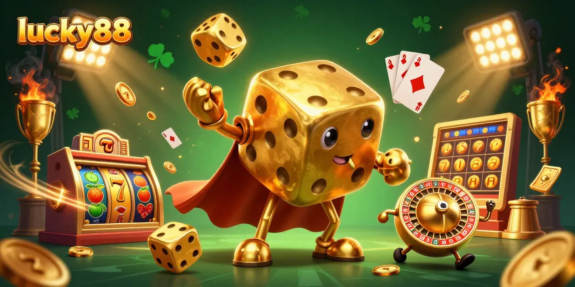 Experience the thrill of lucky88 with dynamic slot reels and a golden dice golem character amidst gaming elements.