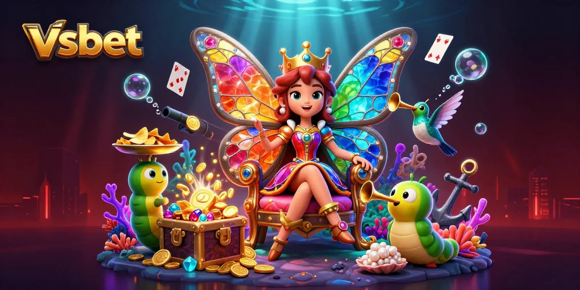 Experience the vibrant vsbet casino scene with a butterfly queen, sparkling elements, and rich animations.