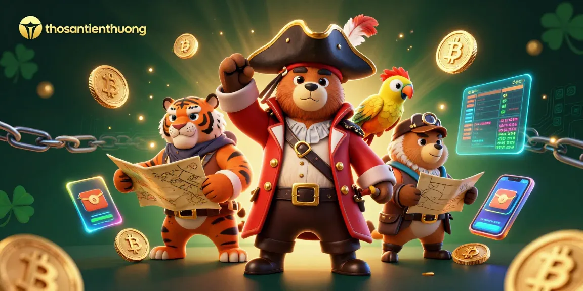 Spin to win with thosantienthuong in this vibrant 3D illustrated casino scene featuring captivating characters and crypto elements.