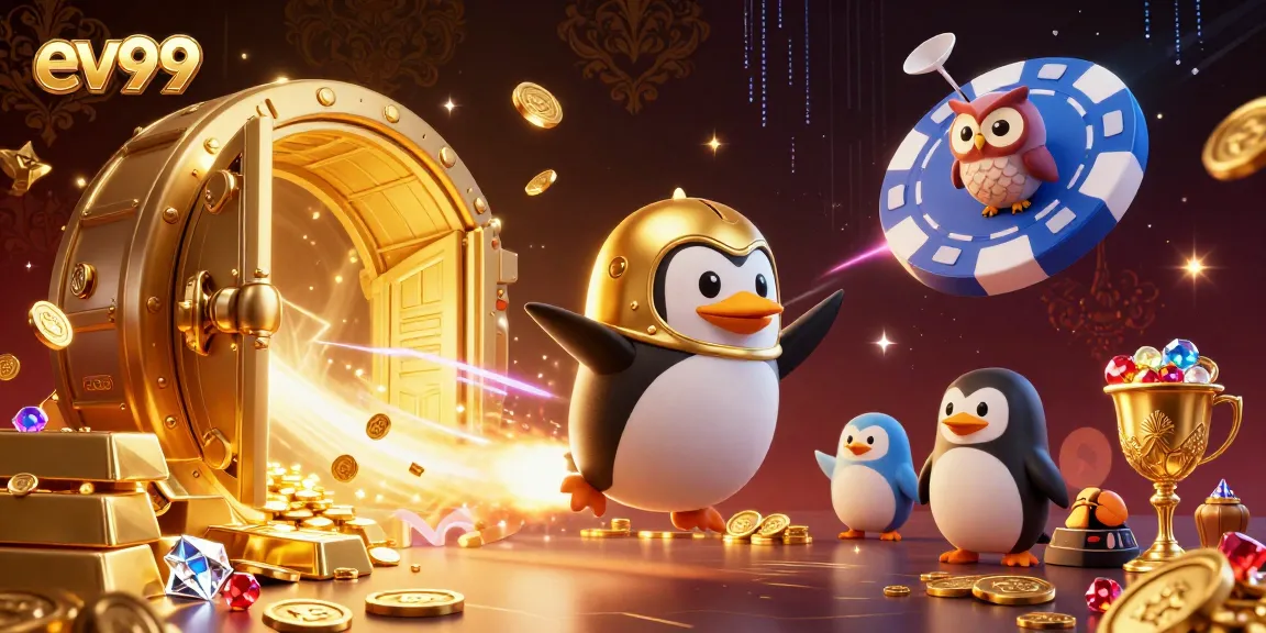 ev99 brings action to life with golden coins and a playful penguin in a dynamic casino adventure.