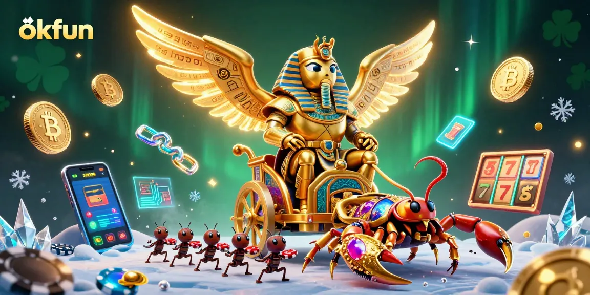 Engage with energetic action at okfun, featuring a dazzling 3D scene of a golden scarab and scorpions.