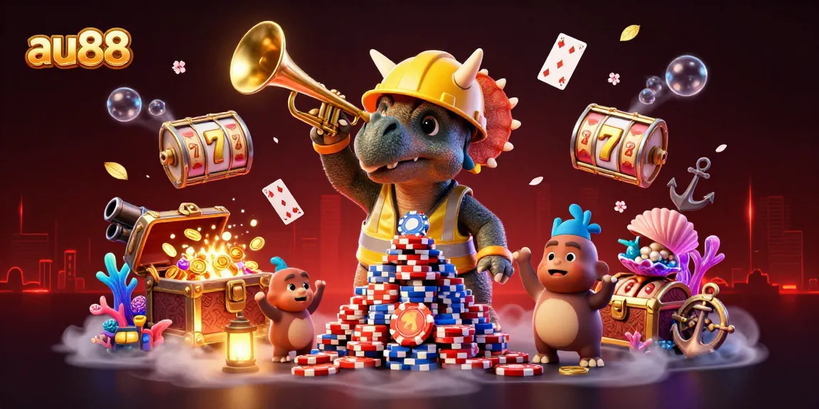 Join the excitement at au88 with colorful slot reels and cheerful characters celebrating winning moments.