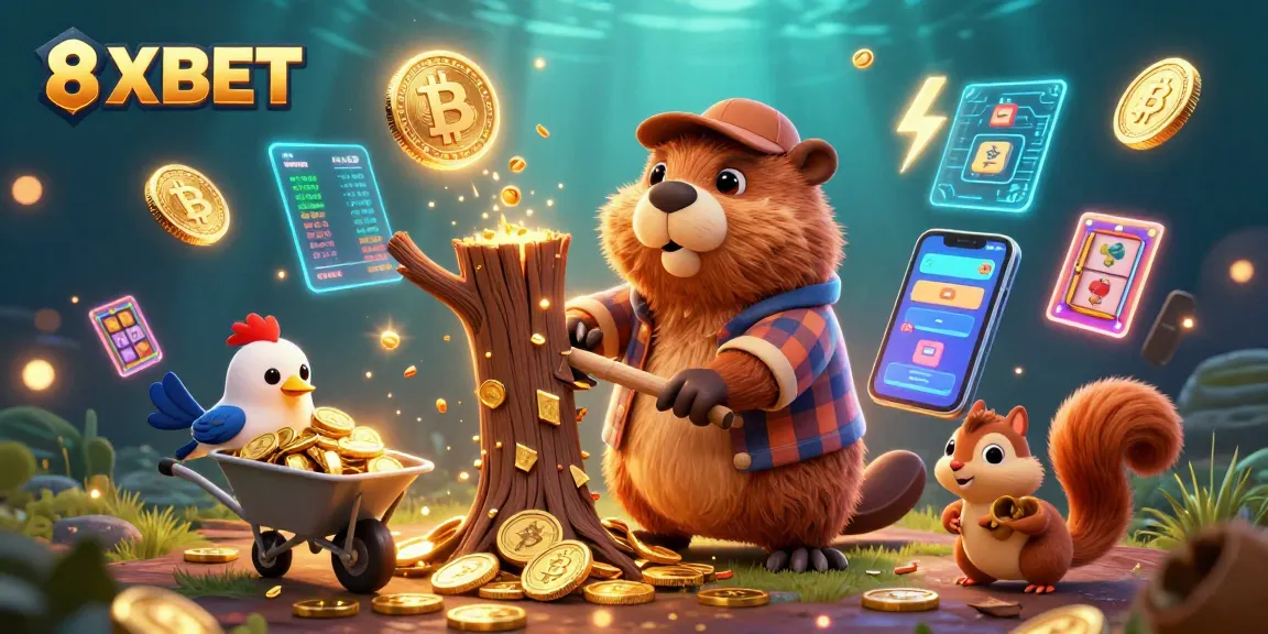 Experience thrilling casino action with 8XBET as cartoon characters collect gold coins in a vibrant scene.