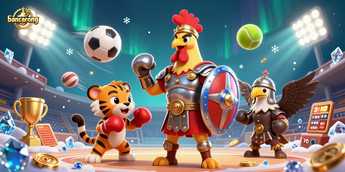 Bancarong brings excitement with a gladiator rooster, tiger cub, and eagle amidst dynamic sports elements.