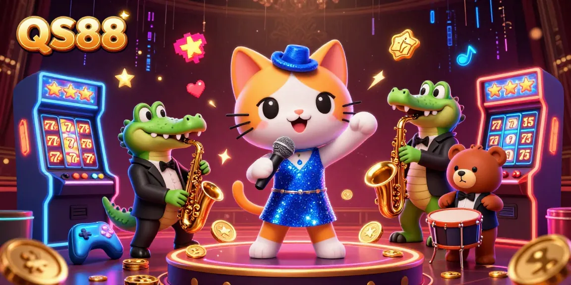 Play at QS88 with vibrant characters celebrating gaming excitement in a dynamic casino scene.