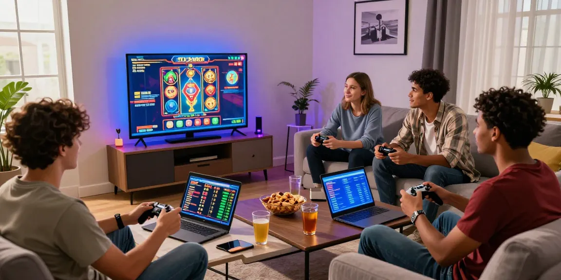 Engaged friends enjoying slot7000 gaming experience in a vibrant living room.